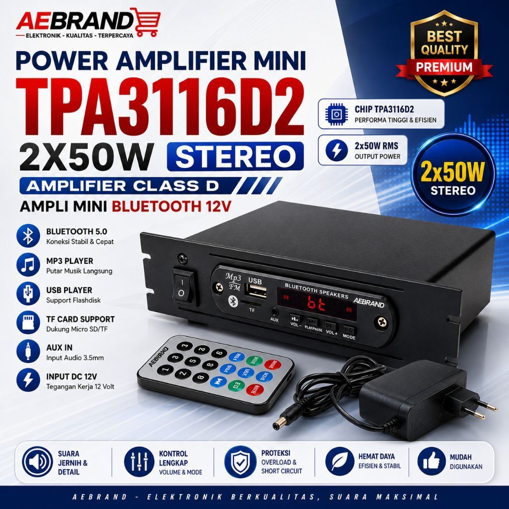 AEBRAND POWER AMPLIFIER BLUETHOOTH 12V - AMPLI MINI PAM8610 2X15W TPA3116D2 2X50W TPA3110 2X30W  TPA