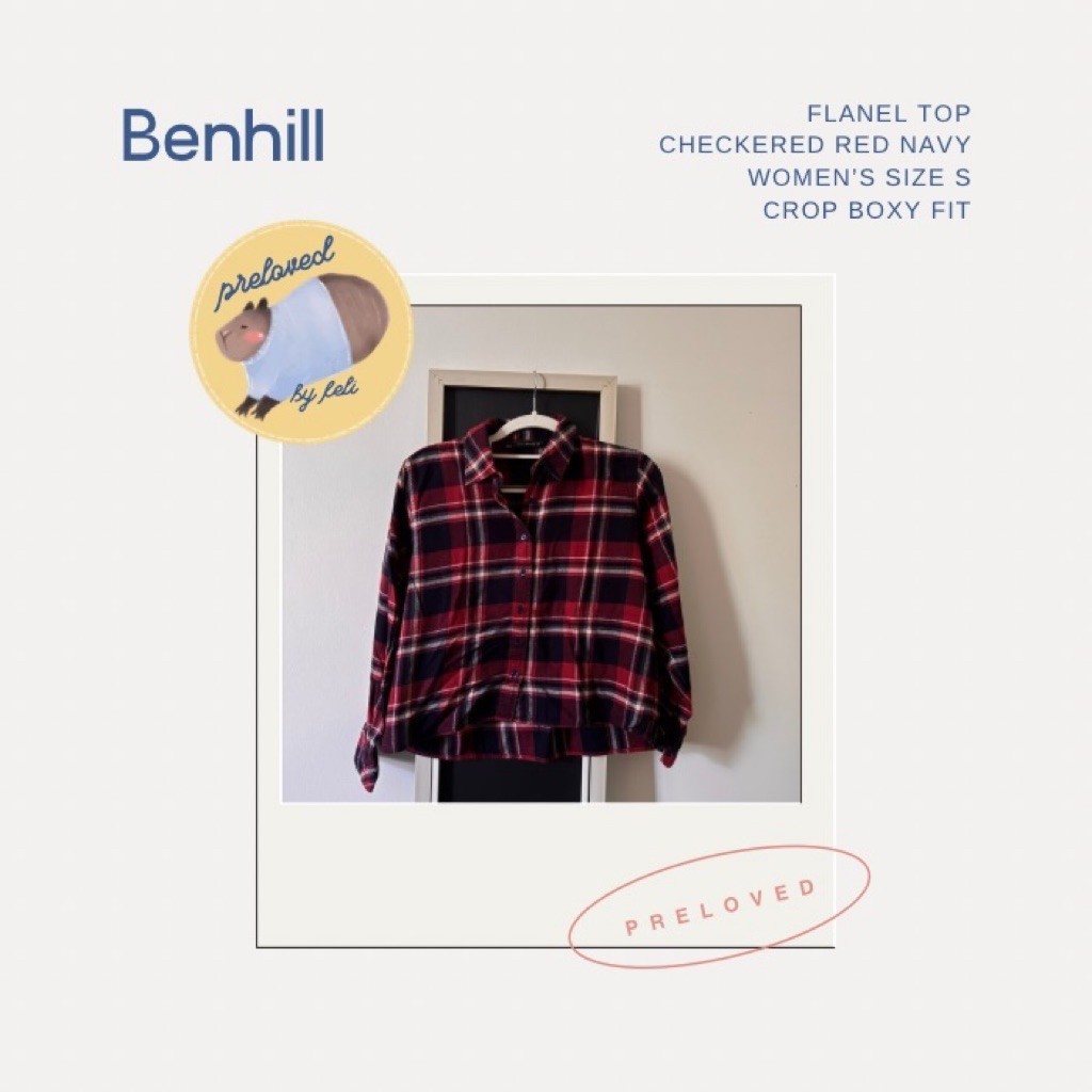 Benhill Woman Flanel Long Sleeve Top Hem Atasan Kerah Formal Wanita (Preloved)
