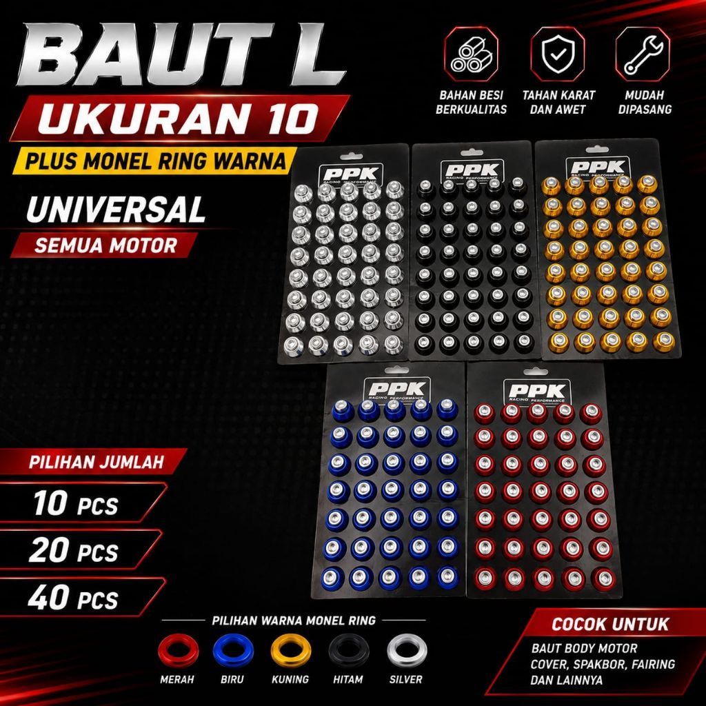 Baut L Variasi - Baut Variasi Plus Ring Warna Universal Isi 40 - 20 dan 10