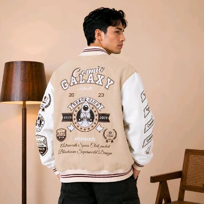 Varsity Jacket Cosmic Galaxy Cream White Blackseven | JAKET BASEBALL BORDIR ORIGINAL Pria wanita Fle