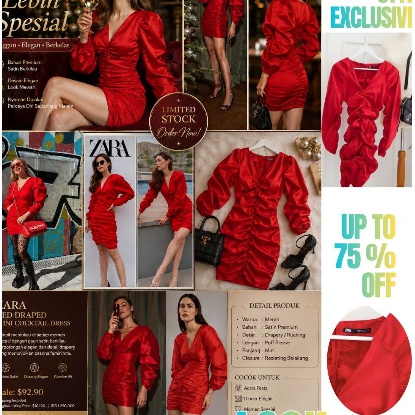 Zara Red Draped  Mini Dress Wanita  Sexy / Glamour Original Branded