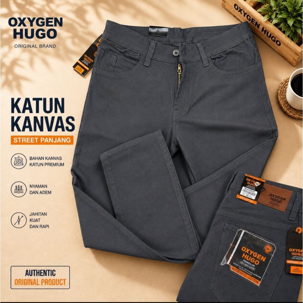 celana pria OXYGEN HUGO katun bahan kanvas street panjang slimfit origional