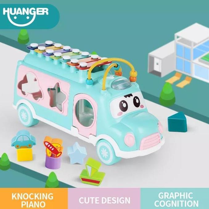 Mainan Baby Bus Music Shape Sorting Puzzle Xylophone Musik Mobil