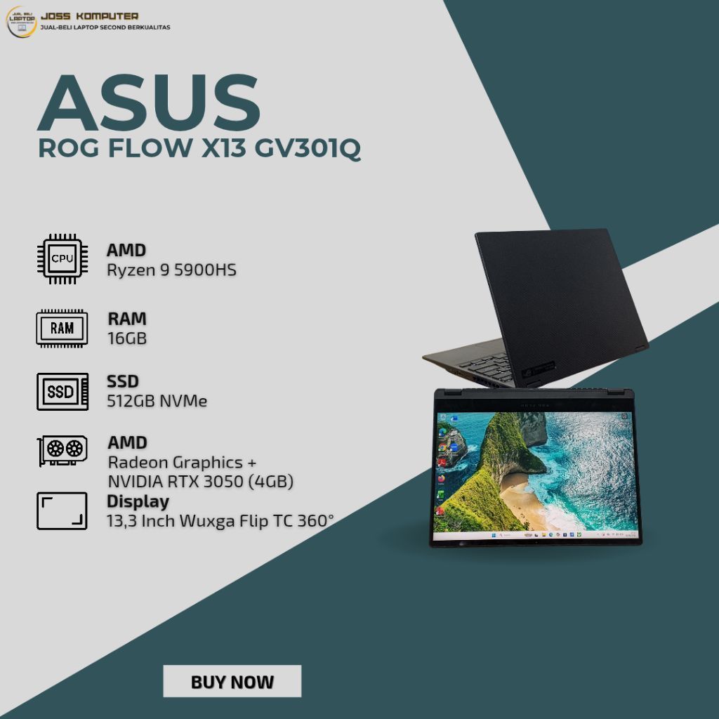 ASUS ROG FLOW X13 GV301Q/ AMD RYZEN 9 5900HS/ RAM 16GB/ SSD 512GB NVME/ NVIDIA RTX 3050/ 13,3" WUXGA