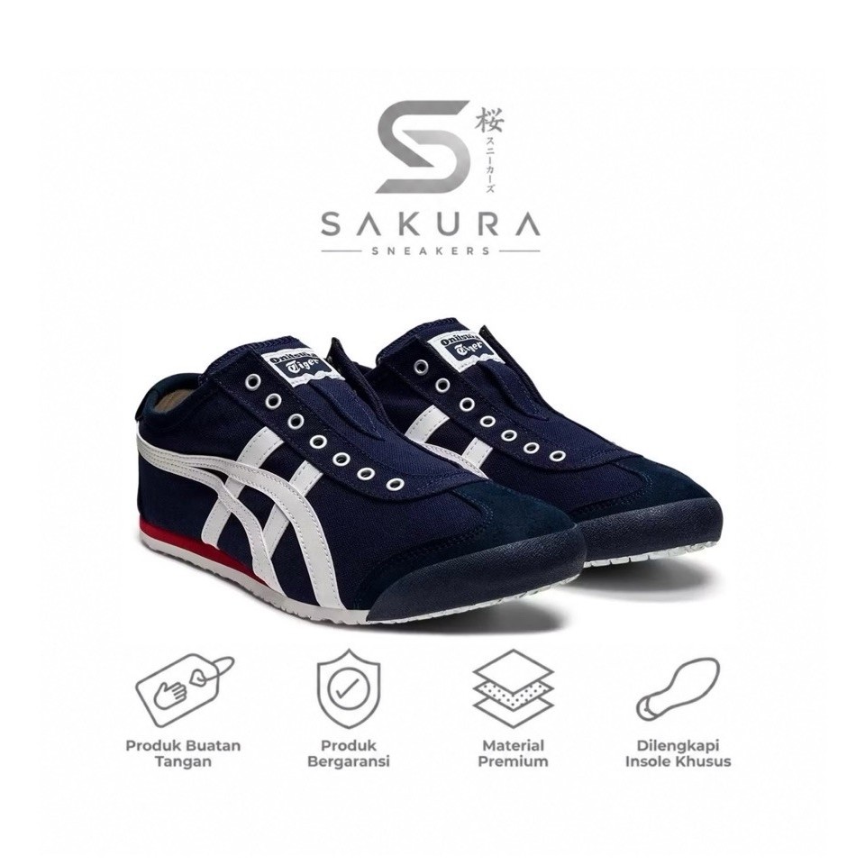 Sepatu Pria Wanita Sneakers Onitsuka Tiger Mexico 66 Slip On Kanvas Navy White Red