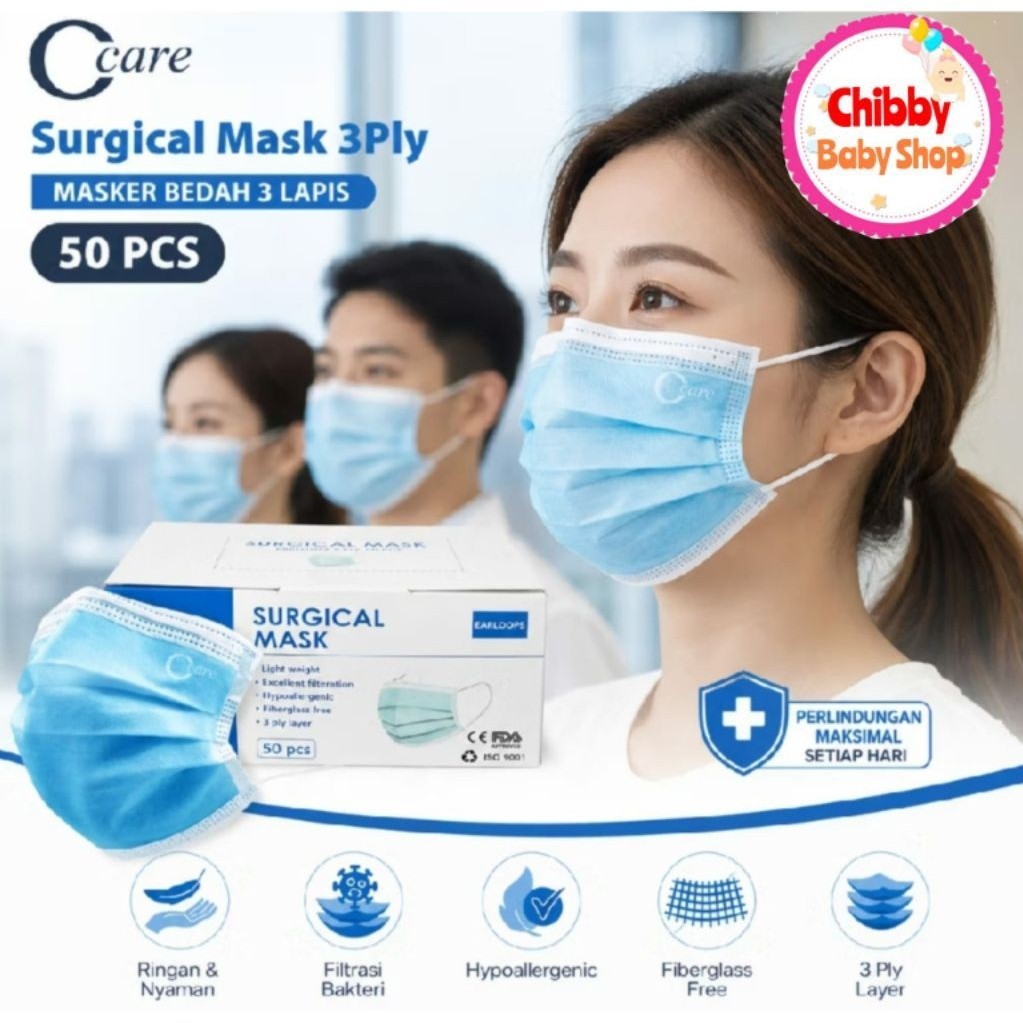 C Care Masker Medis Earloop Disposable 3 Ply 50pcs Kemenkes