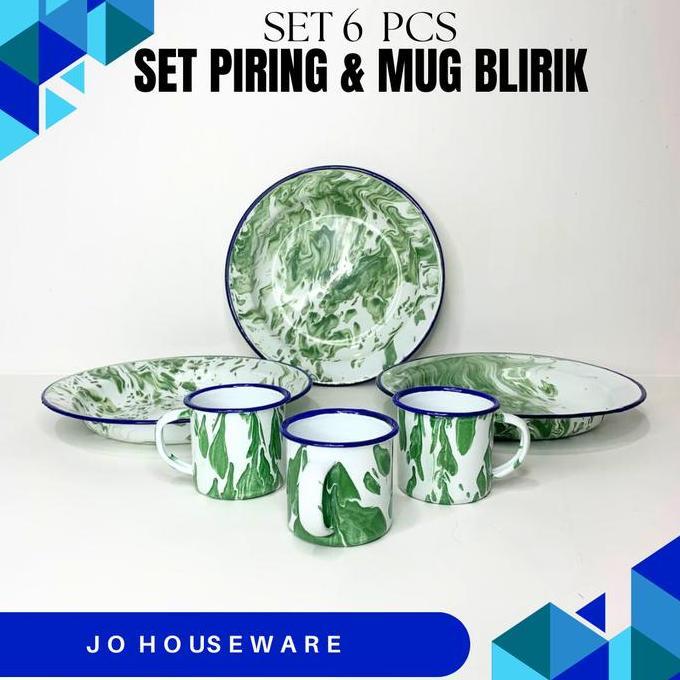 SET 3 PCS Piring Mug Enamel Motif Blirik Hijau / Enamel Jadul Vintage