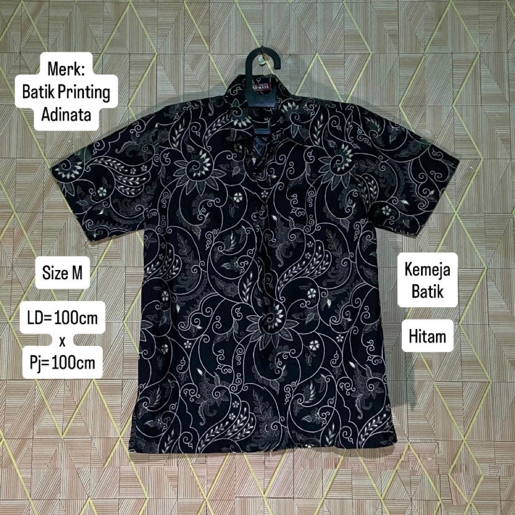 PRELOVED BATIK PRINTING ADINATA ORI KEMEJA BATIK HITAM (Size M) (LD=100cm x Pj=70cm)