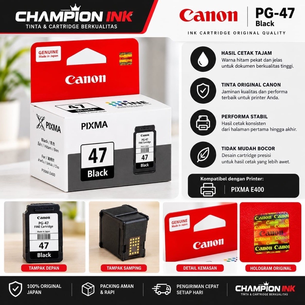 Tinta Cartridge Canon PG-47 Hitam Original untuk Printer Pixma E400, E410, E460