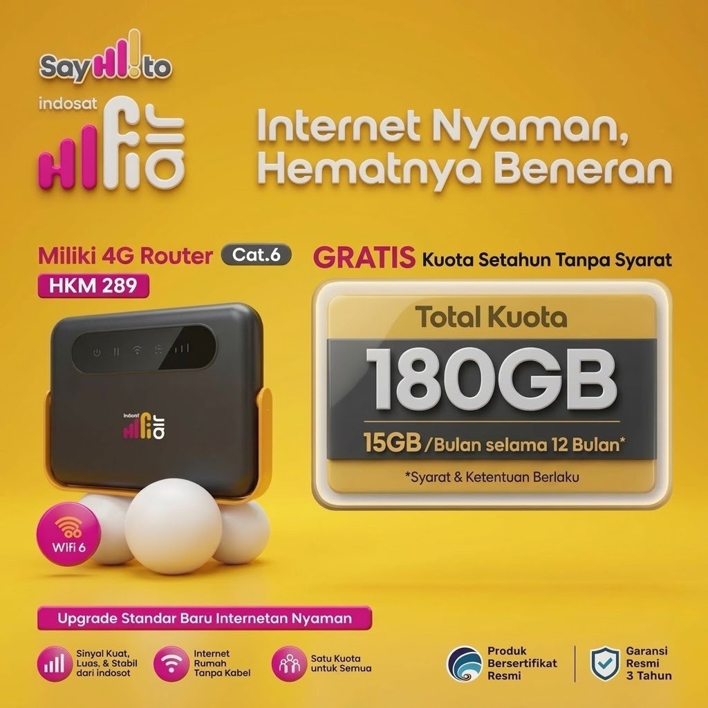 Indosat HiFi Air HKM289 Modem Router WiFi.6 LTE CAT.6 Dual Band 4G Sim FREE 180GB 15GB/BULAN SELAMA 