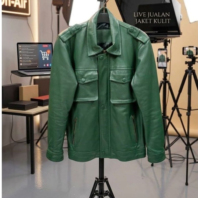 jaket kulit pria kulit domba model trucker warna hijau