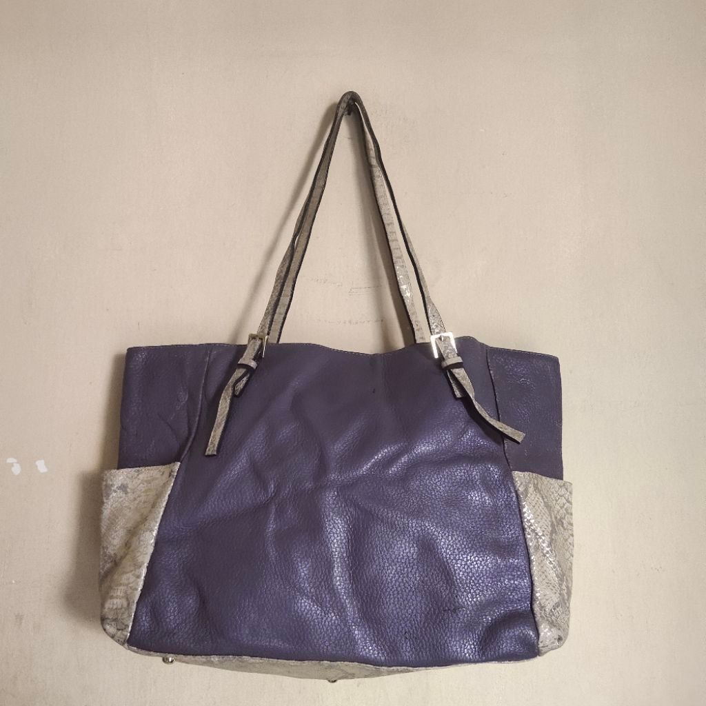 PL tas Tote bag besar kulit warna ungu kombinasi kulit ular