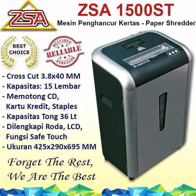 Zsa 1500St Penghancur Kertas, Heavy Duty, Shredder 15 Lembar, Cross Cut 3.8X40Mm, Original, Garansi 