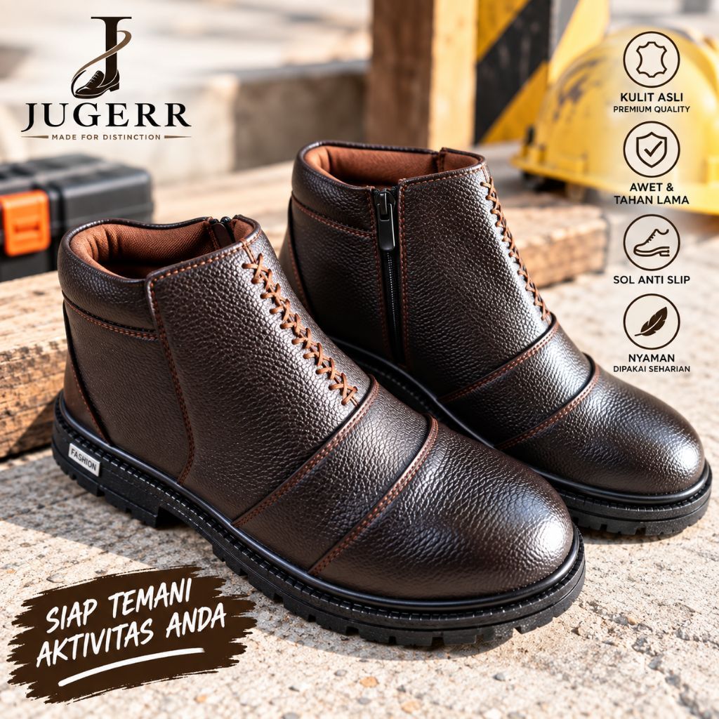 JUGERR Sepatu Boots Pria Kulit Premium – Boots Casual Outdoor Anti Slip Sol Tebal – Sepatu Kerja & F