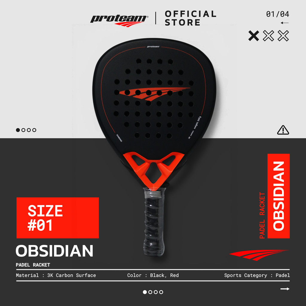 Raket Padel Proteam Raket Obsidian Hitam Merah