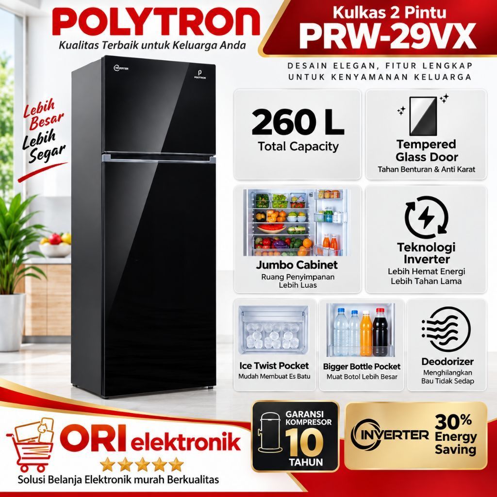 POLYTRON LEMARI ES BELLEZA JUMBO 2 PINTU 260L INVERTER PRW-29VX