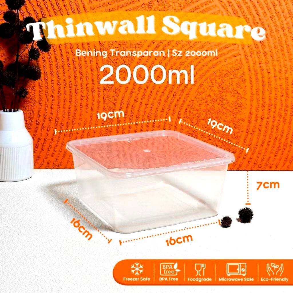 eceran 1pcs Thinwal plastik SQUARE 2000ml merek Victory/THIN-WALL SQ 2 liter foodgrade-microwave KOT