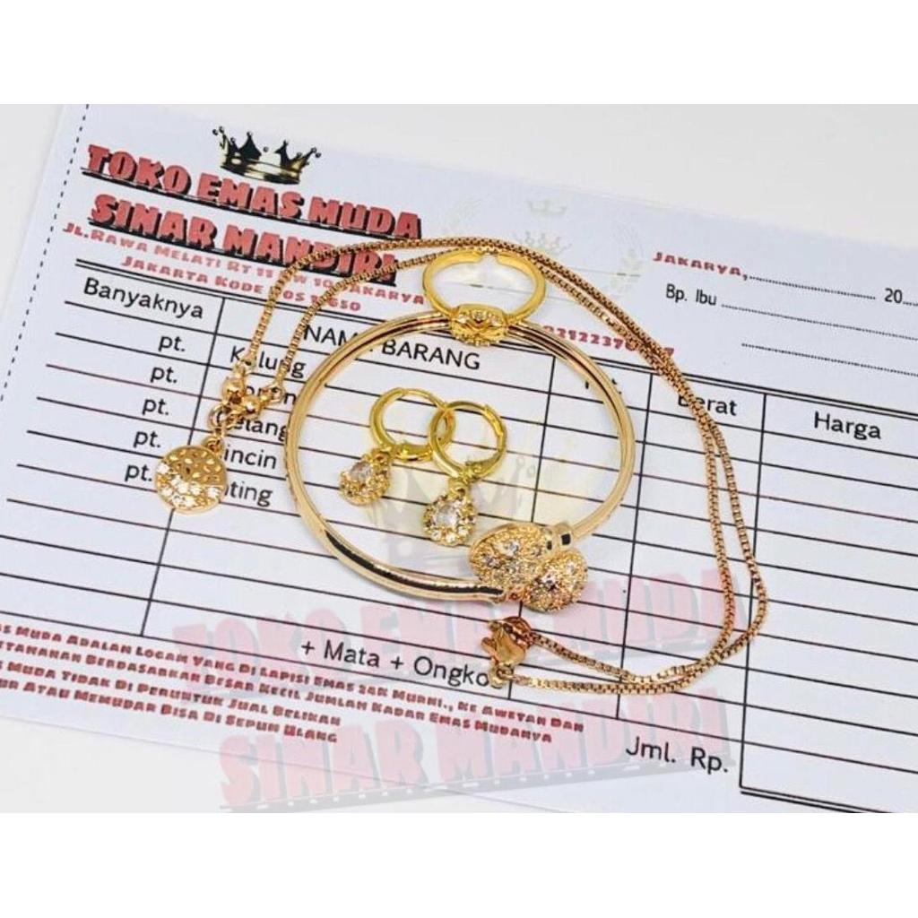 COD Emas Muda Satu Set Gelang,Kalung,Cincin,Anting Anak / Emas Set Anak Kadar 0.7 Lengkap Surat Dan 