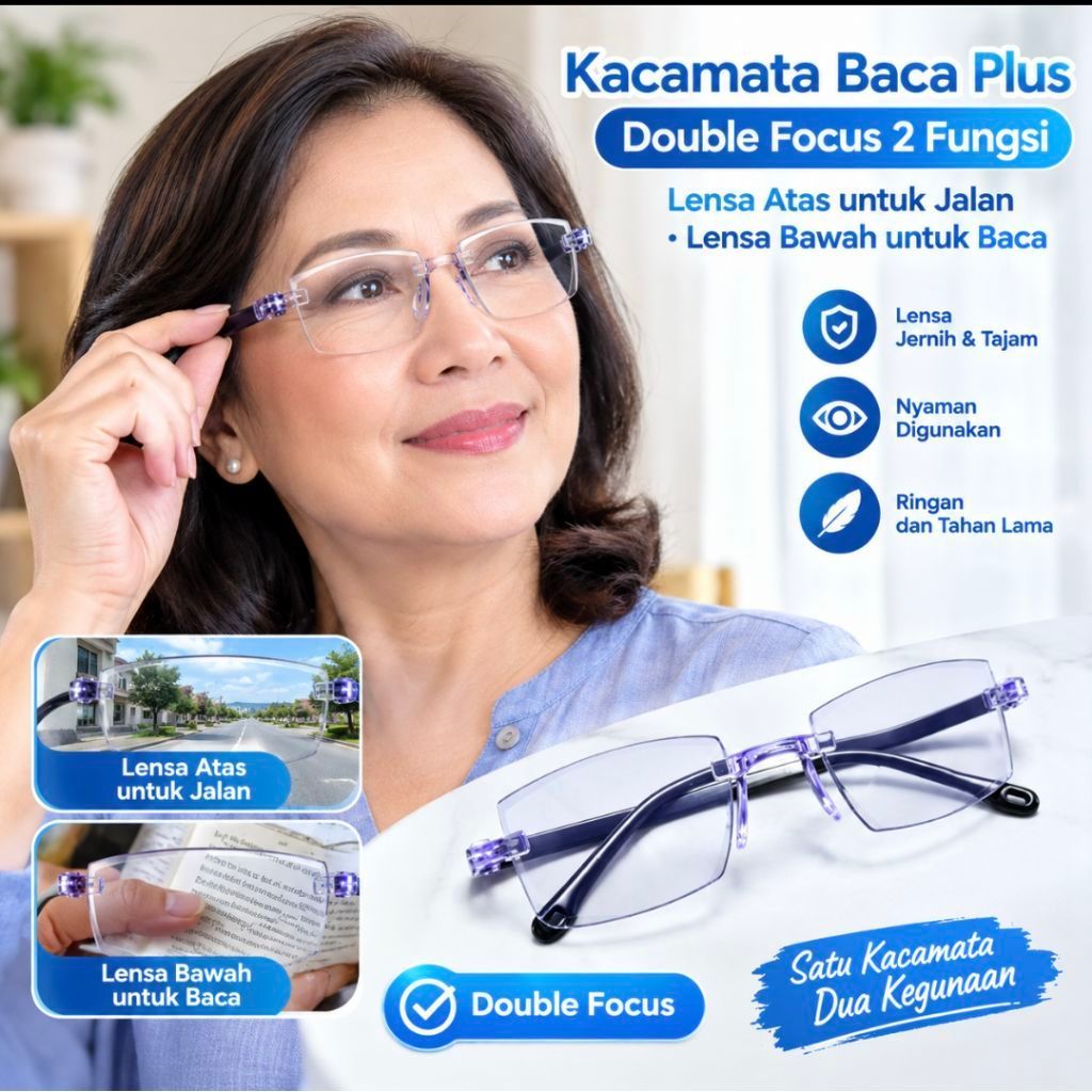 Kacamata Baca Plus Double Focus – 2 Fungsi Lensa Atas Jalan Bawah Baca Anti Silau