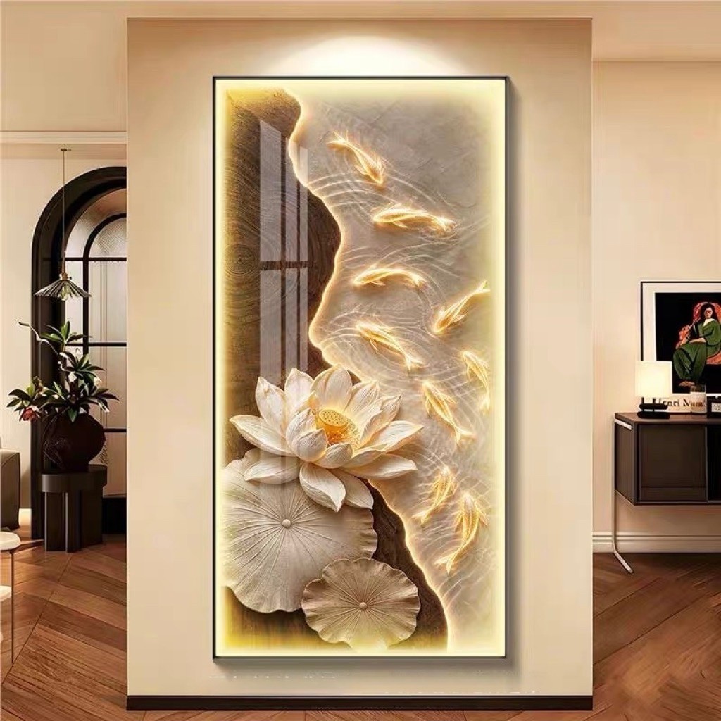 KOKOPAINTING Lukisan Porcelain Diamond 5D Kristal Timbul LED Motif 9 Ikan Koi Emas Bunga Teratai Lot