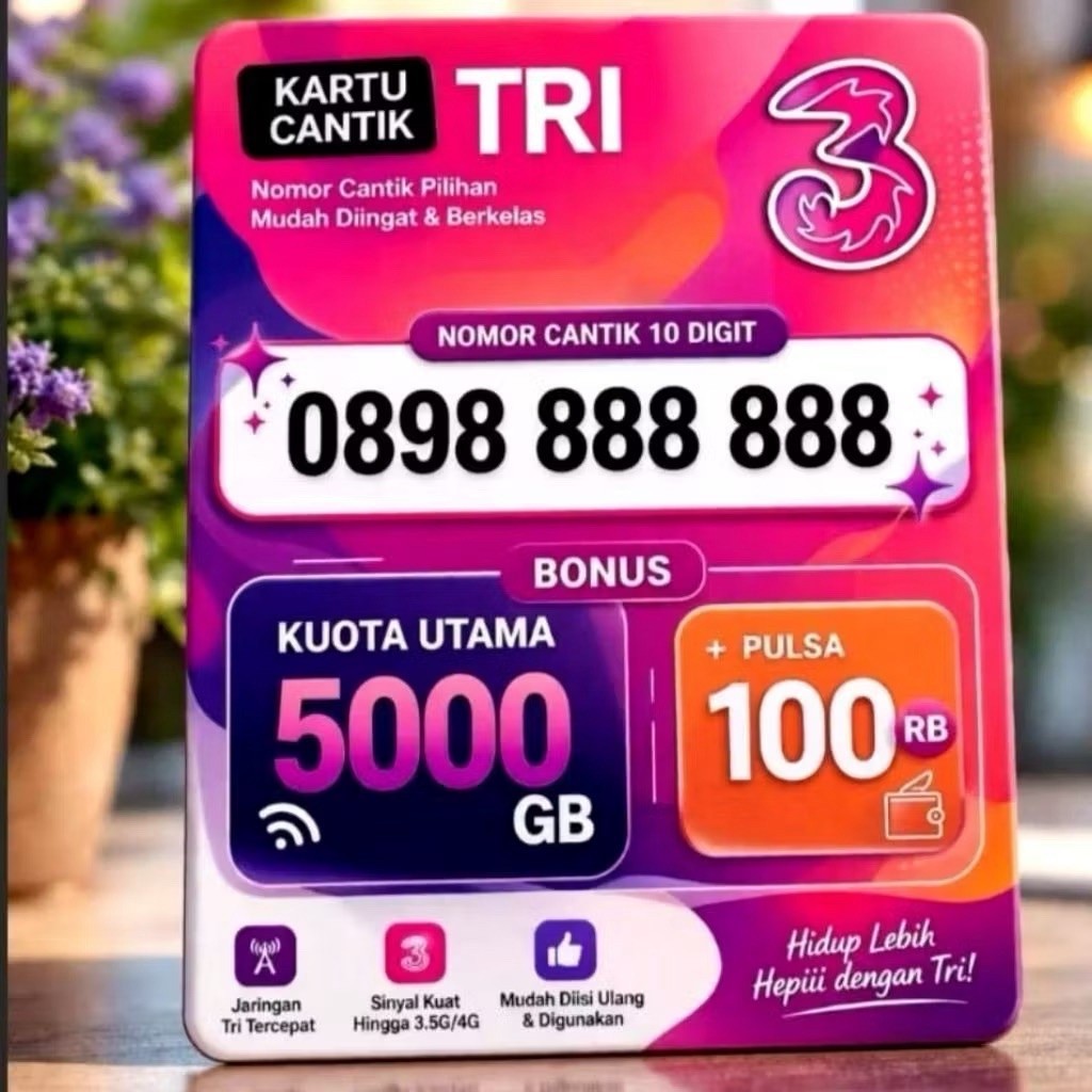 Kartu Cantik Tri Spesial 10 Digit Bonus Kouta 5000Gb Masa Aktif Selamanya dengan Seluruh Wilayah.
