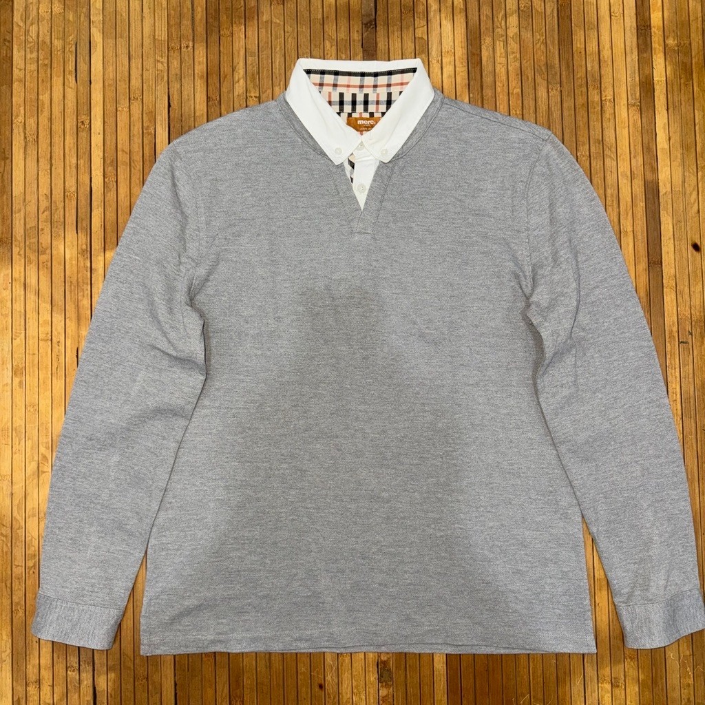 MERC LONDON BRITISH CASUAL GREY TARTAN BUTTON DOWN LONG SLEEVE POLO SHIRT