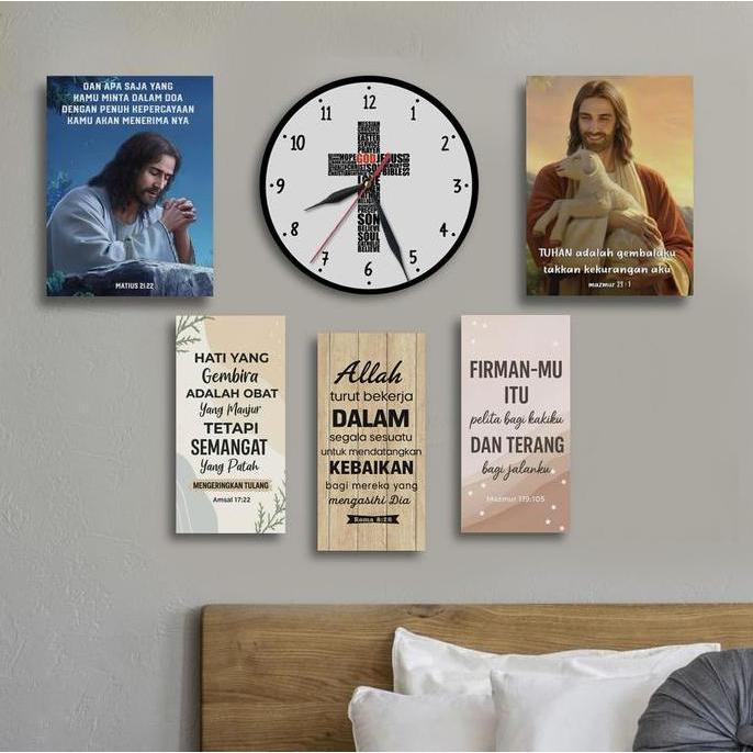 Hiasan dinding kayu + 5 pcs Hiasan dinding Yesus Kristen ayat alkitab