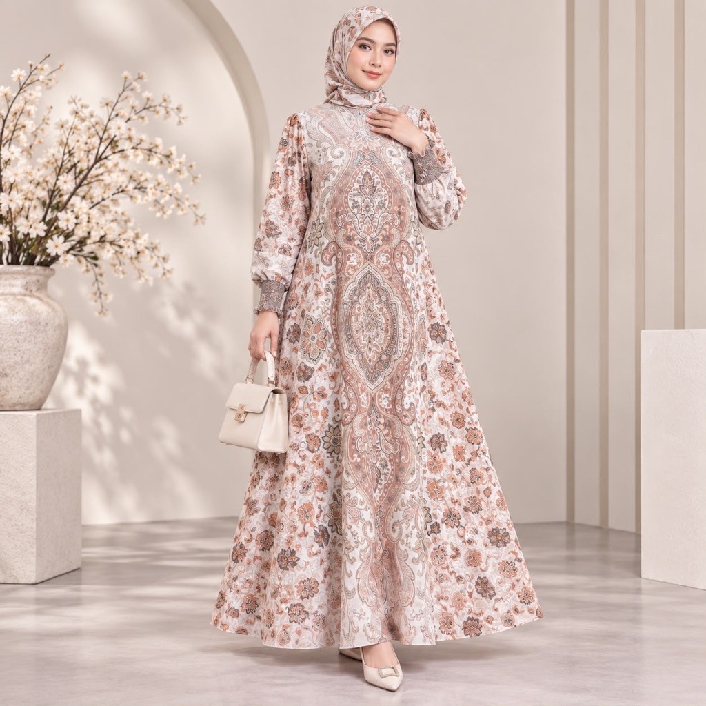 Gamis Hijab Voal Printing Ivory by Eldeena