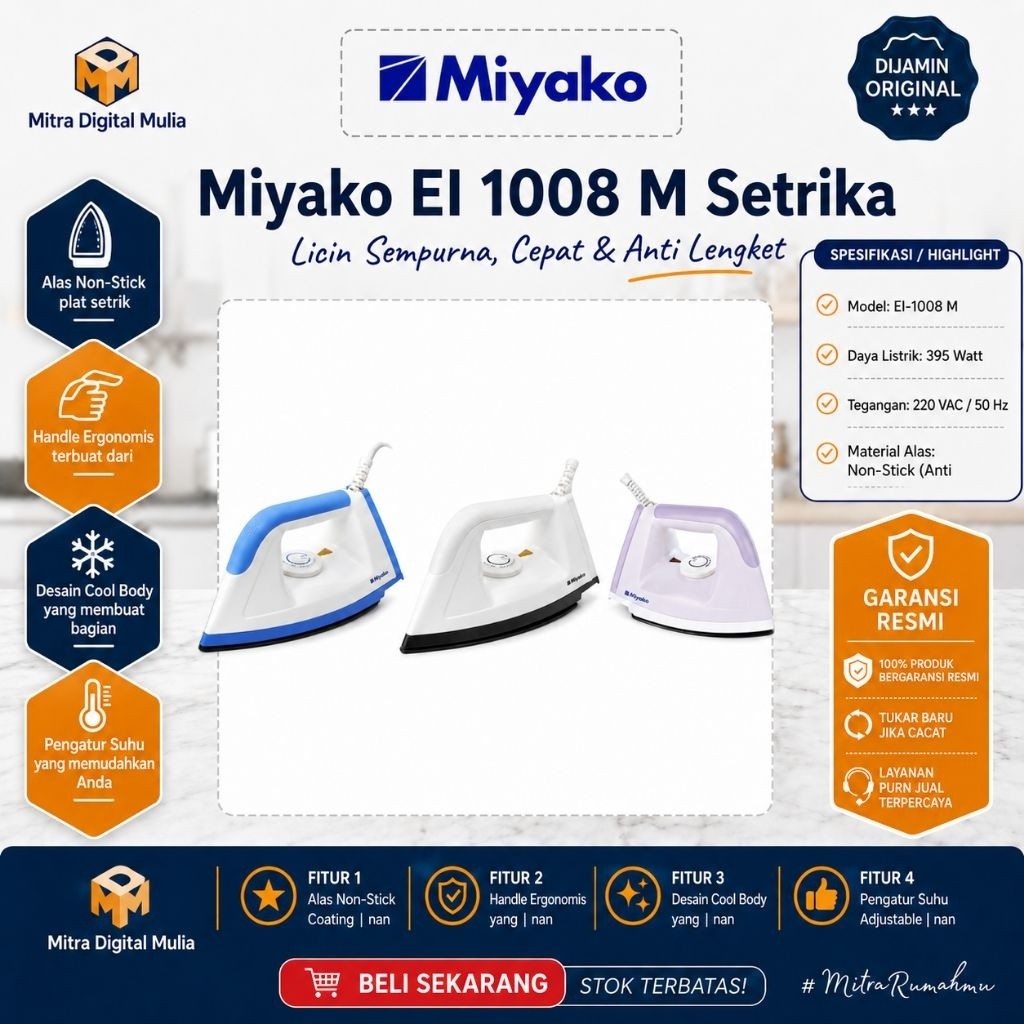 Miyako EI10M Setrika Listrik 395W Alas Anti Lengket Soleplate Non Stick Lapisan Teflon Pelindung Kab