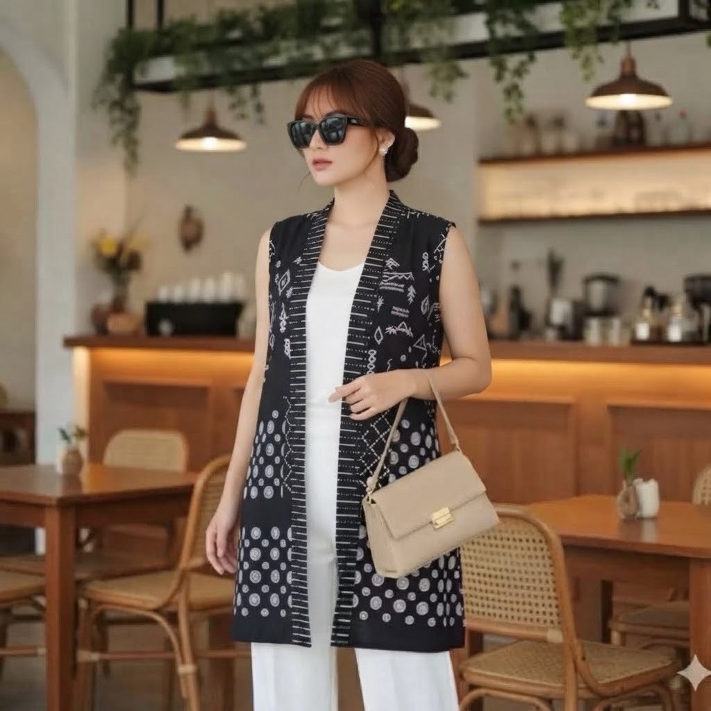 Shanaya Batik Vest Cardigan Wanita Warna Hitam Batik Sragenan Freesize