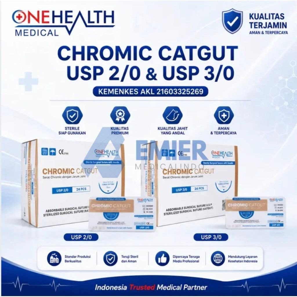 Catgut Chromic 24 Pcs 2/0 3/0 (Dengan Jarum) Onehealth