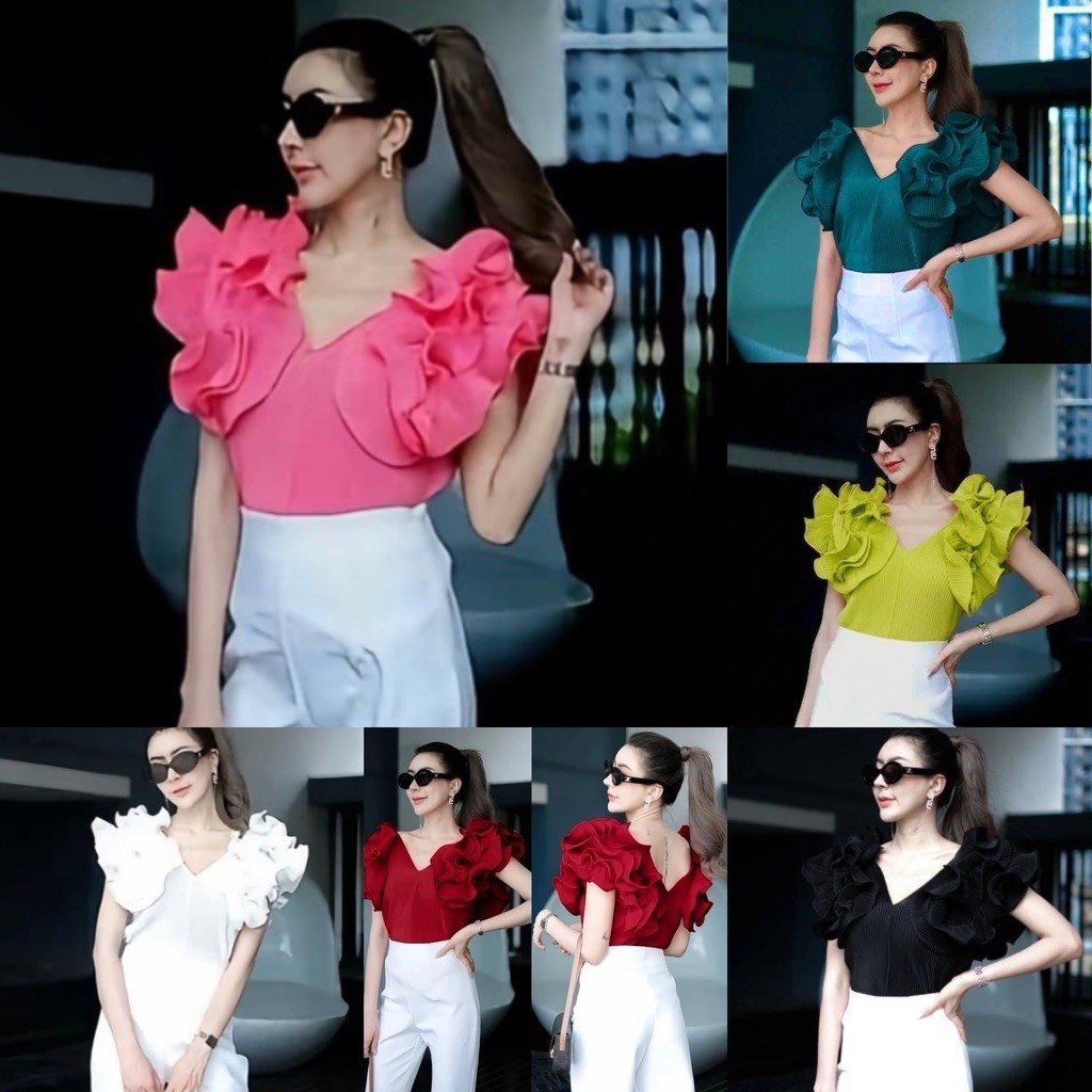 ATASAN BLOUSE PLEATS BUNGA 3D BKK / ATASAN FLOWER VNECK PLEATED IMPORT BANGKOK