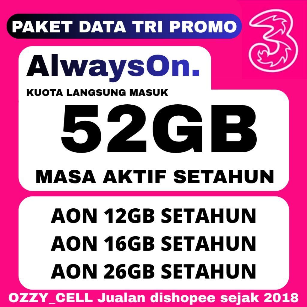 PROMO ISI ULANG KUOTA TRI 3 AON 52GB FULL SETAHUN | 300GB VOUCHER PAKET DATA