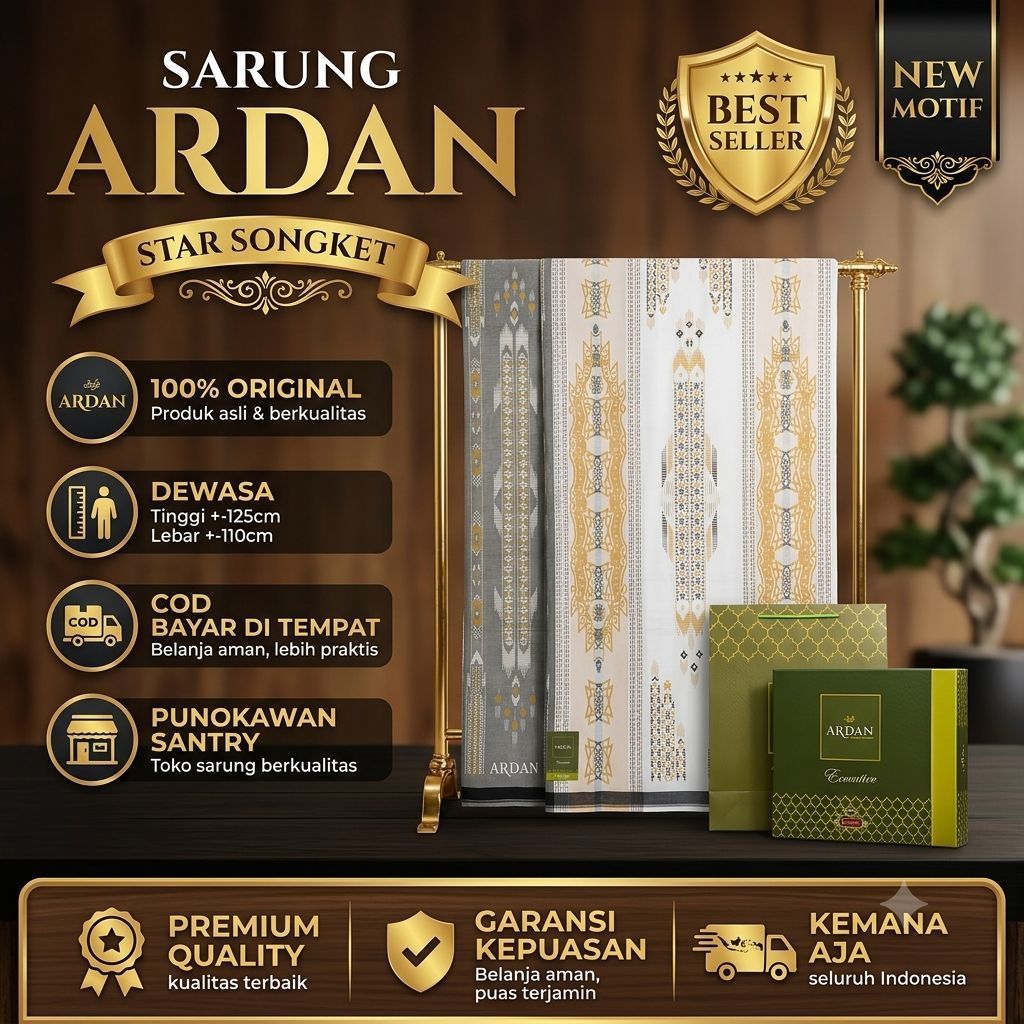 SARUNG ARDAN STAR GTK,KDS,JKM,DKM,TKP  GOLD | SILVER HITAM PUTIH SONGKET MURAH