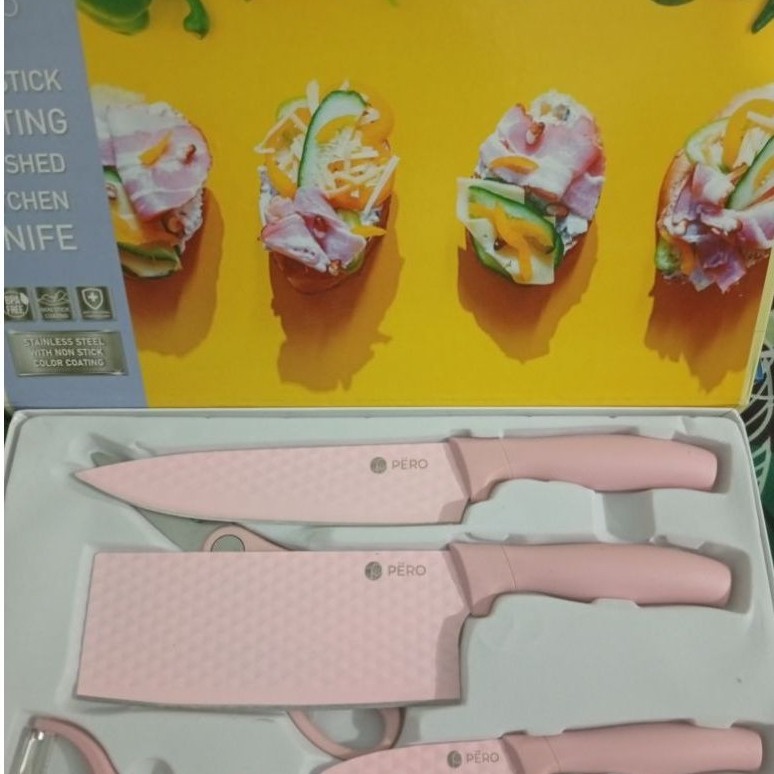 PERO Ayaka Knife Set 5pcs Anti Lengket Stainless Steel Talenan Lilac Pink Mint