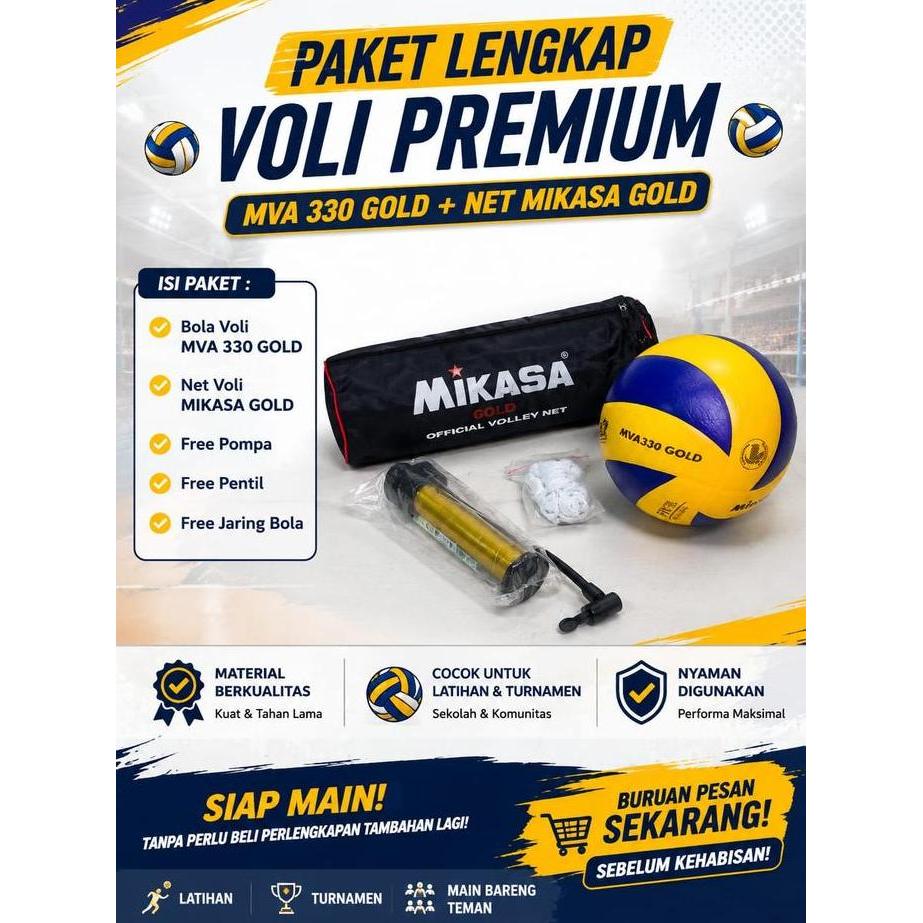 Mikasa Paket Bola Volly MVA330 & Net Gold - Bola Voli Ukuran 5 Kulit PU Leather - Cocok untuk Pertan