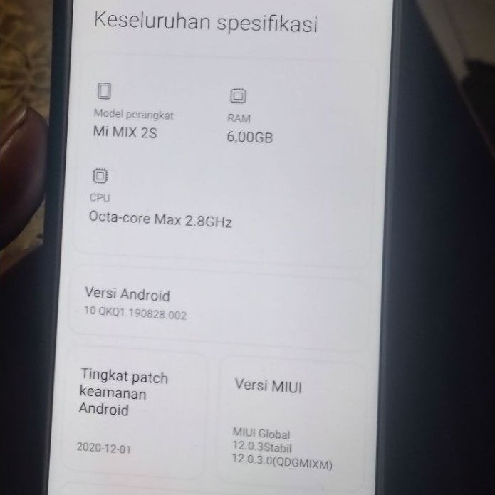 HP Xiaomi Mi MIX 2S RAM 6GB CPU Octa-core Max 2.8GHz Android 10 MIUI 12
