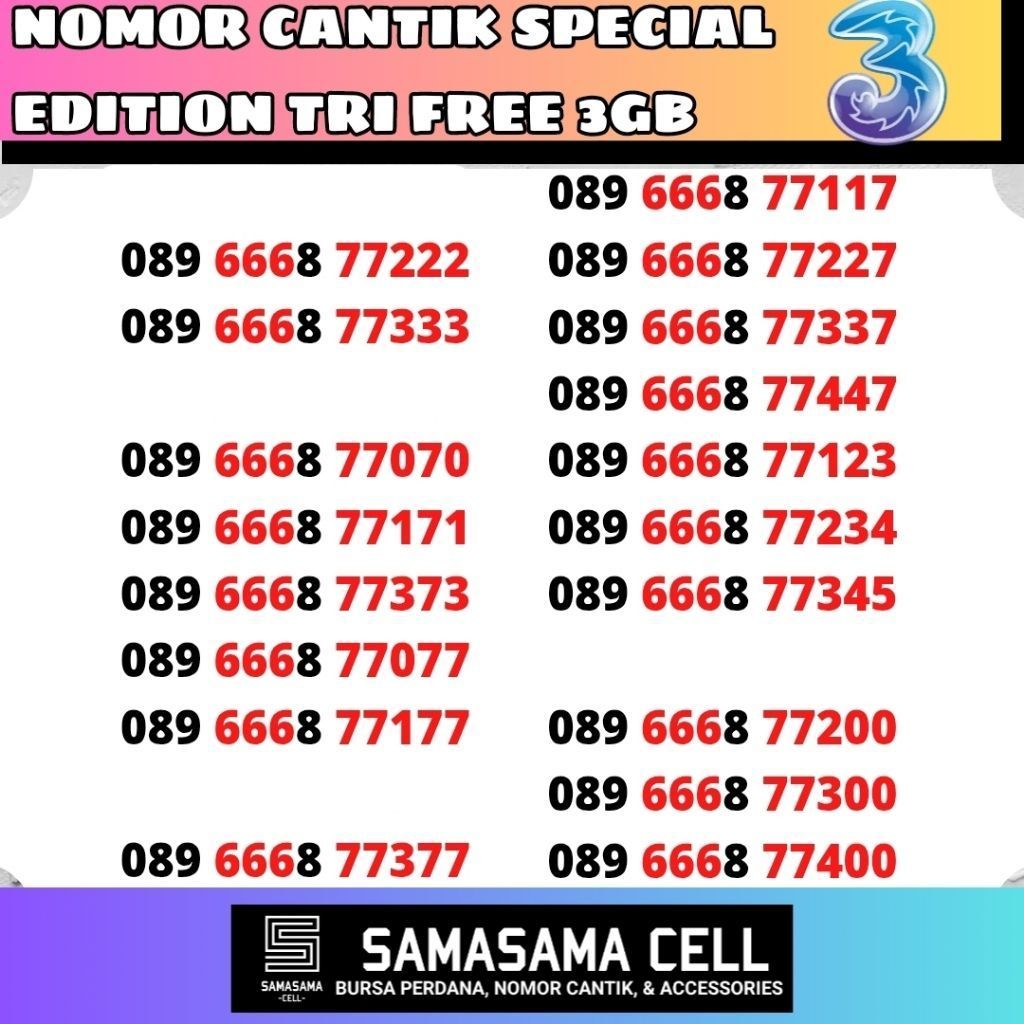 KARTU PERDANA TRI / NOMOR CANTIK TRI / FREE 3GB / KARTU TRI 4G / KARTU TRI 5G