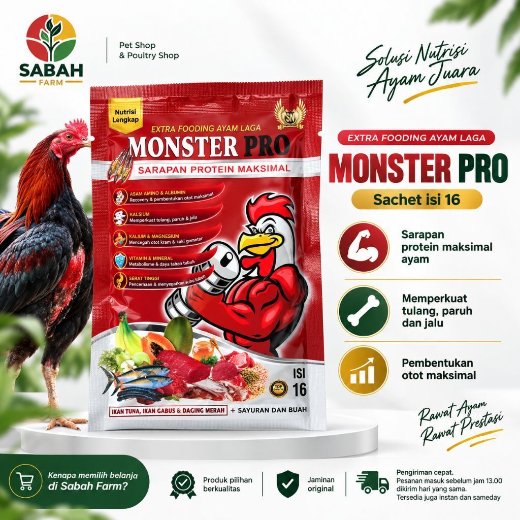 Monster Pro Extra Fooding Ayam Laga Sachet Isi 16 | Suplemen Protein Ayam Aduan Pembentuk Otot & Pen