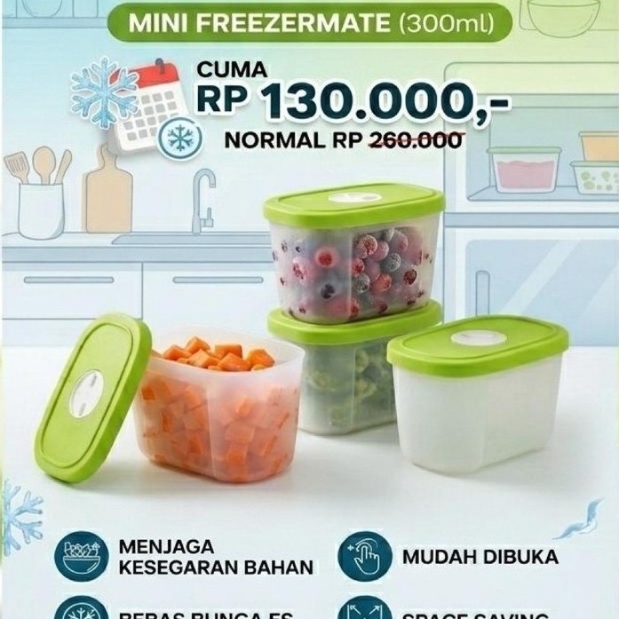TUPPERWARE Container Beku Mini Freezermate 300ml dengan Tutup Hijau untuk Beku Makanan
