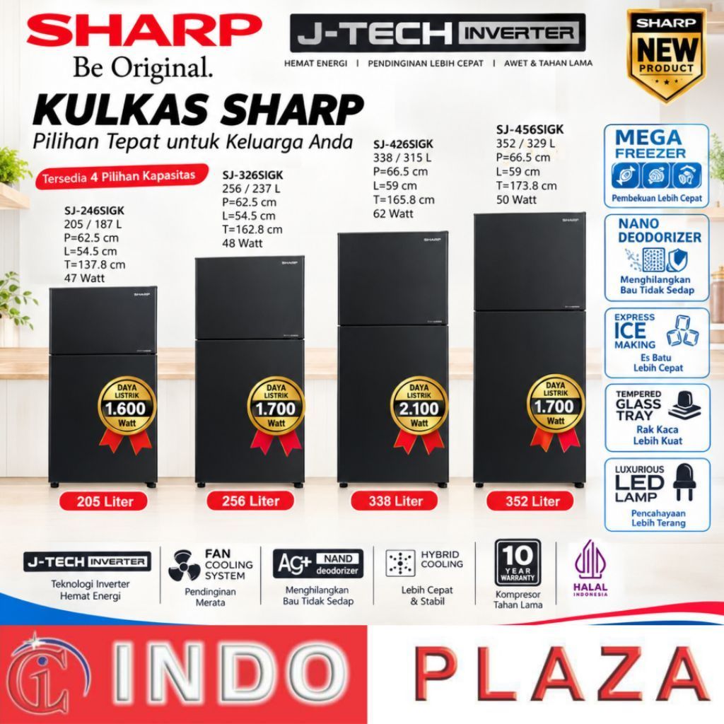 KULKAS SHARP 2 PINTU JTECH INVERTER + PLASMACLUSTER SIGK Series