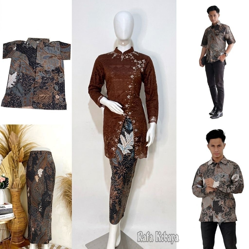 Couple Kebaya Brokat Janggan Mahogandy/ Couple Kemeja Batik Motif Aurel Moca/ Set Kebaya Couple