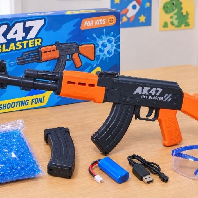 Senjata mainan anak usia 15+ AK47 Gel Blaster untuk Anak dengan baterai USB pelindung mata