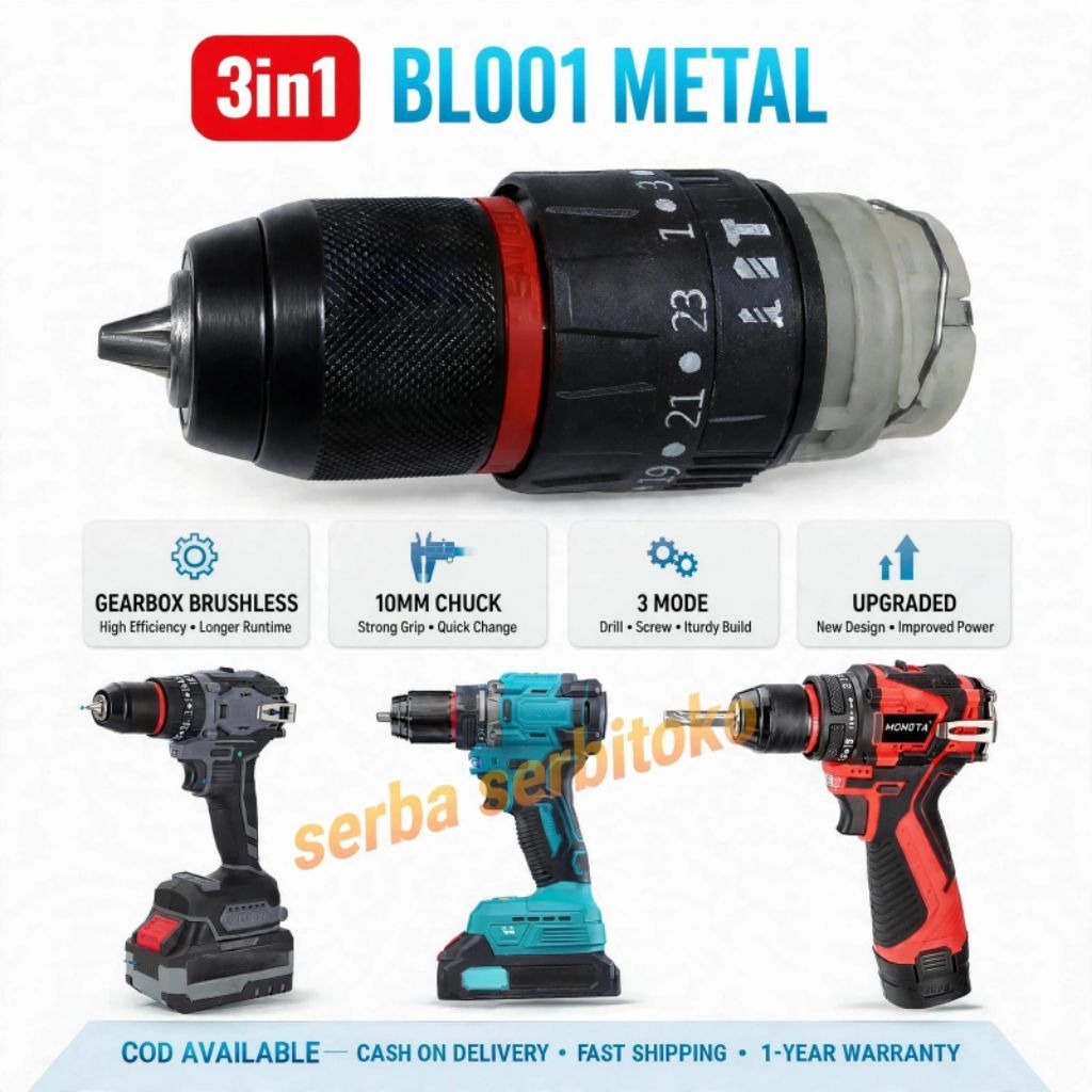 GEARBOX+CHUCK BOR CORDLESS DRILL BRUSHLESS 3/8 10MM 3 MODE SIGLE KEYLESS GEABOX KEPALA BOR IMPACT DR