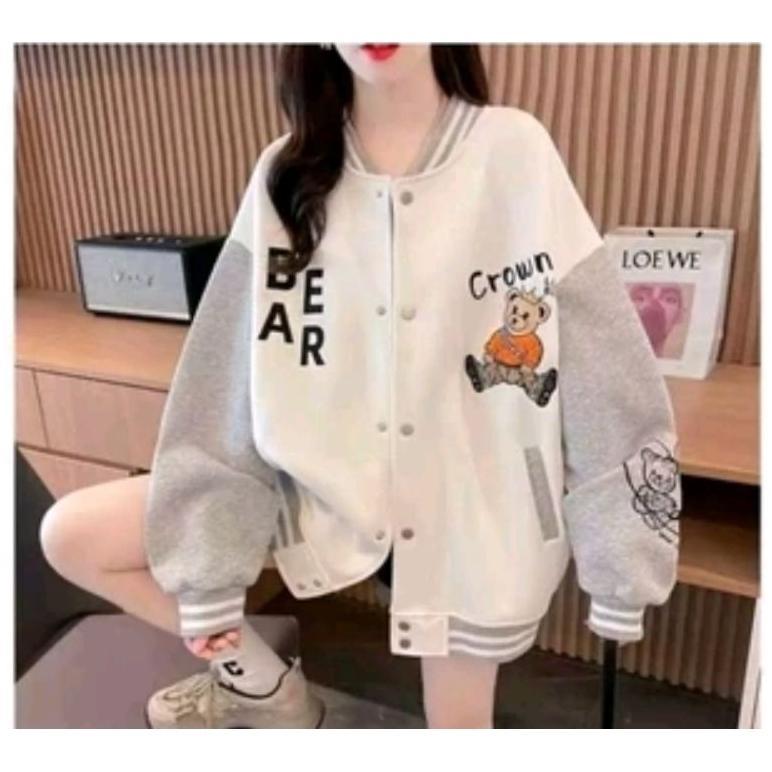Diskon Crown Bear Jaket Baseball Varsity Wanita | Jaket Varsity Gaya Korea