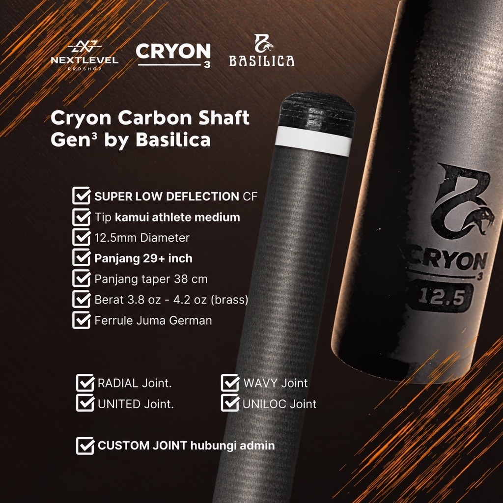 Shaft Cryon Carbon GEN 3 by Basilica,Super Low deflection billiard shaft