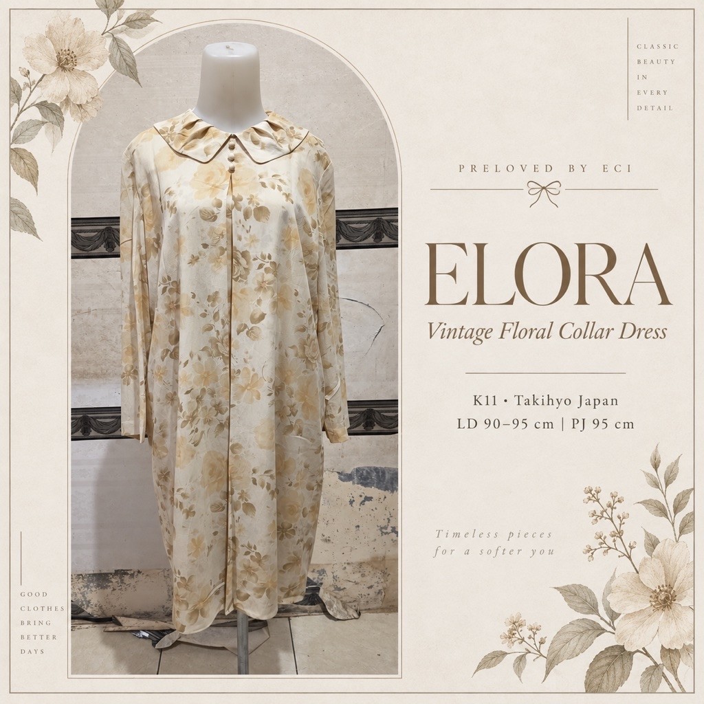 ELORA Vintage Floral Collar Dress K11 Takihyo Japan Dress Wanita Preloved
