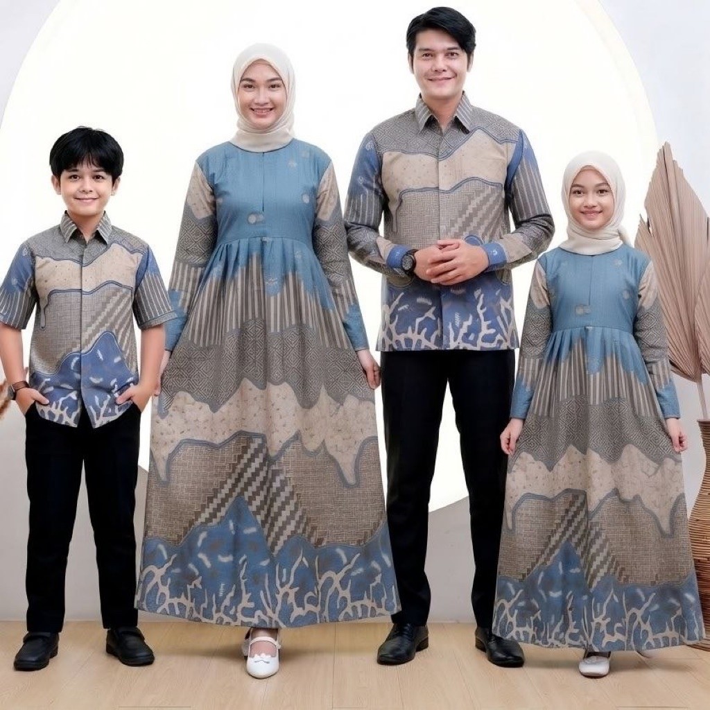 Gamis Batik Couple Keluarga Ayah Ibu Anak | Seragam Batik Lebaran Modern | Baju Pasangan Suami Istri