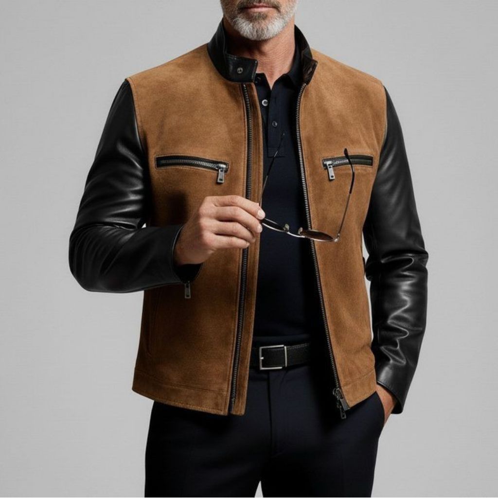 Jaket Pria Kulit Suede Kombinasi Kulit Domba Asli Premium Coklat Hitam