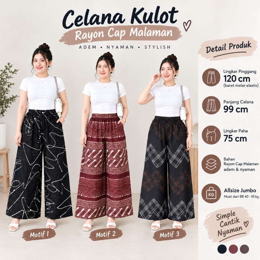 Celana Kulot Rayon Cap Malaman Batik Adem Nyaman Kekinian Lp120cm Pj99cm Pekalongan